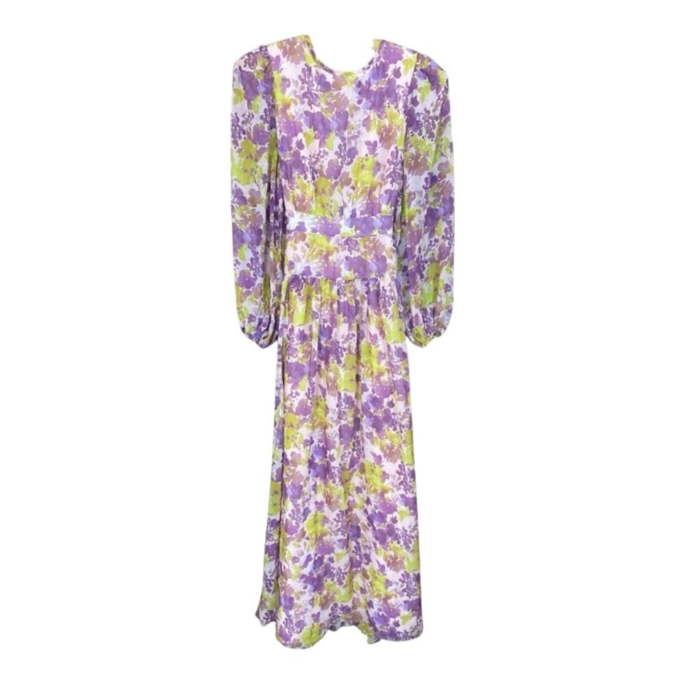LDT Open Back Goddess Gown Woman’s Puffed Sleeve Pockets Floral Flowy